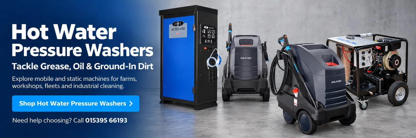 Hot water pressure washers that tackle grease, oil and ground-in dirt, for farms, workshops, fleets and industrial cleaning