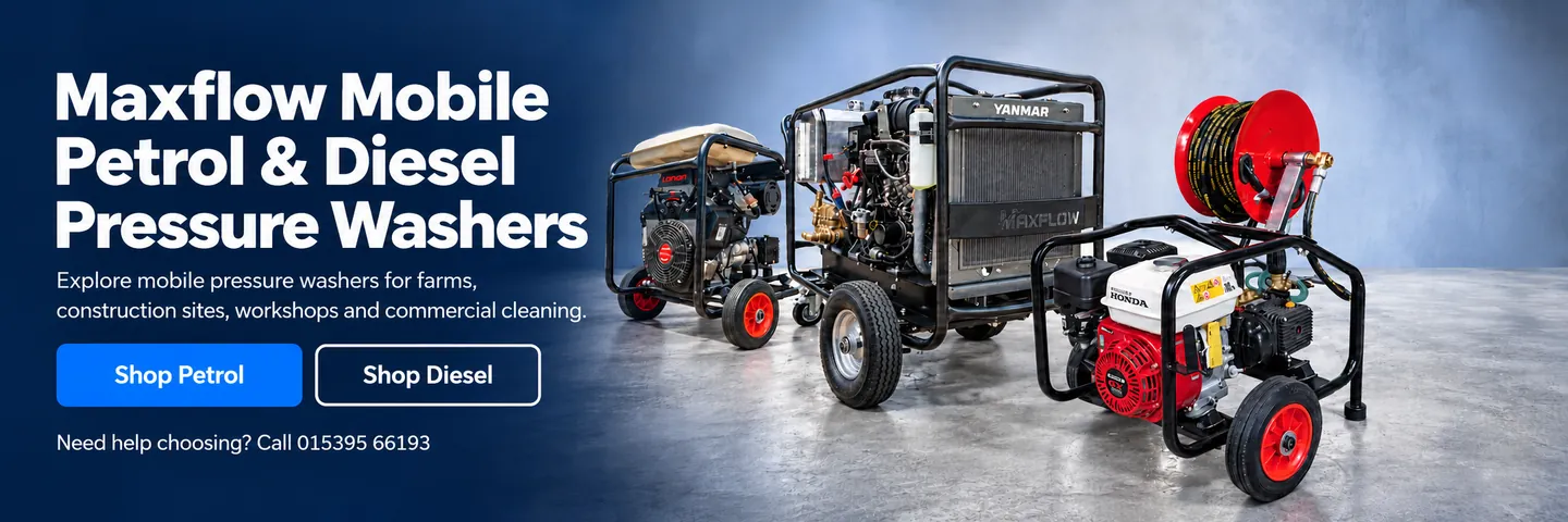 Maxflow mobile petrol & diesel pressure washers for farms, construction sites, workshops and commercial cleaning