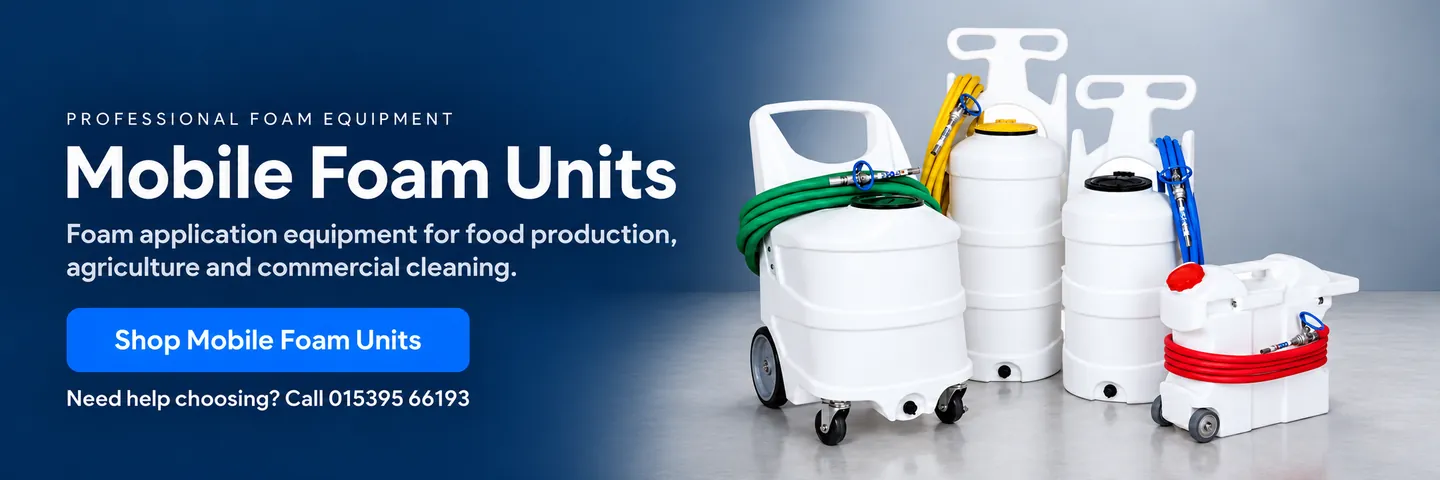 Mobile foam units: foam application equipment for food production, agriculture and commercial cleaning