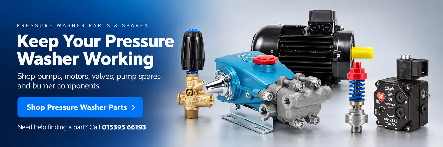 Keep your pressure washer working: pumps, motors, valves, pump spares and burner components