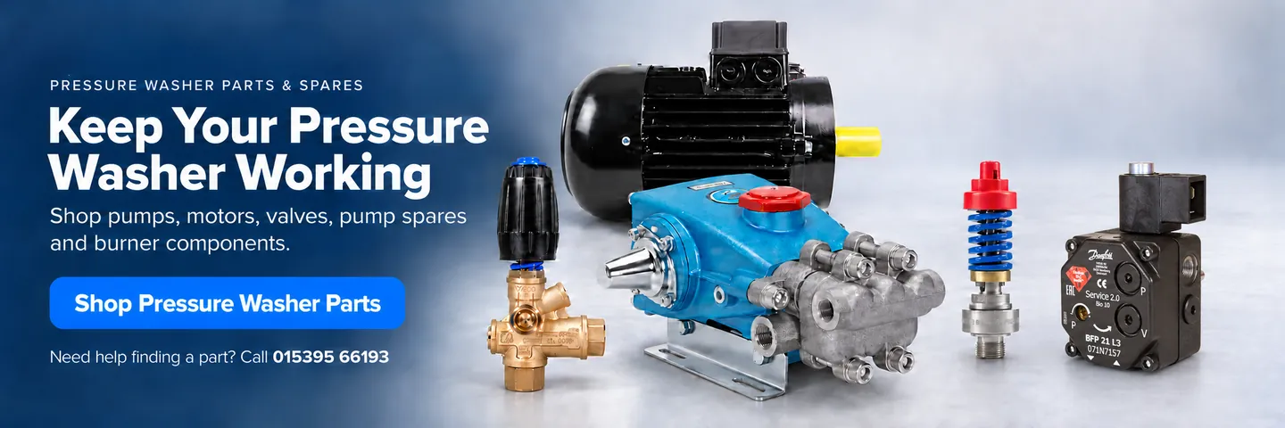 Pressure washer parts and spares: pumps, motors, valves, pump spares and burner components